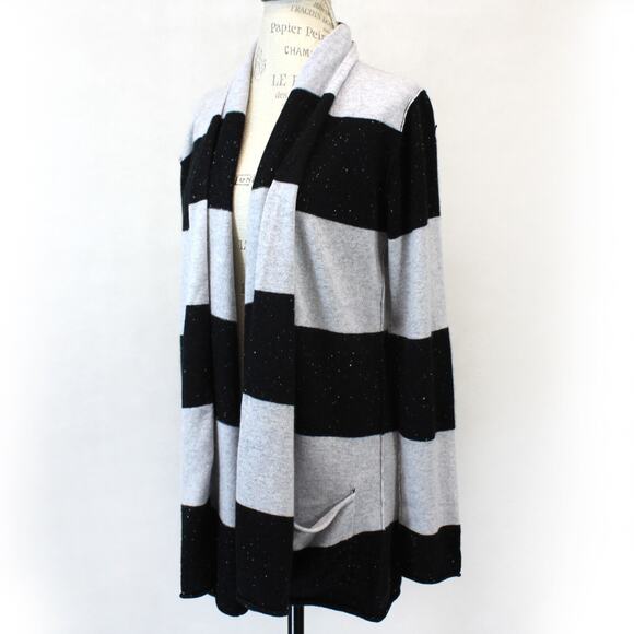 Pure Amici 2-ply 100% Cashmere Black/Grey Striped Open Cardigan Sweater Large - Picture 1 of 8